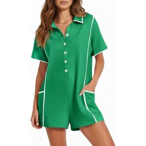 Fisoew Womens Casual Rompers Summer Short Sleeve Polo V Neck Button Down Loose Fit Short Jumpsuits Outfits with Pockets(Green)