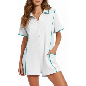Fisoew Womens Casual Rompers Summer Short Sleeve Polo V Neck Button Down Loose Fit Short Jumpsuits Outfits with Pockets(Grey)