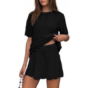 Fisoew Womens Crochet Swimsuit Coverup 2 Piece Skirt Sets Bathing Suit Cover Up Knit Beach Vacation Clothes Summer Outfits(Black)