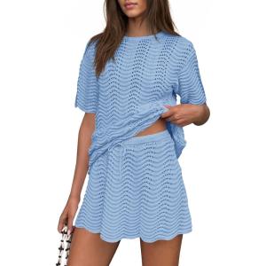 Fisoew Womens Crochet Swimsuit Coverup 2 Piece Skirt Sets Bathing Suit Cover Up Knit Beach Vacation Clothes Summer Outfits(Blue)