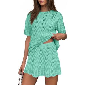 Fisoew Womens Crochet Swimsuit Coverup 2 Piece Skirt Sets Bathing Suit Cover Up Knit Beach Vacation Clothes Summer Outfits(Green)