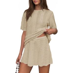 Fisoew Womens Crochet Swimsuit Coverup 2 Piece Skirt Sets Bathing Suit Cover Up Knit Beach Vacation Clothes Summer Outfits(Light Apricot)