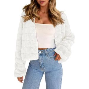 Fisoew Womens Cropped Faux Fur Jackets Long Sleeve Open Front Fluffy Short Coats(Beige)