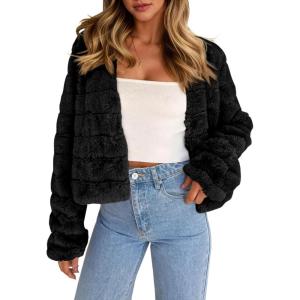 Fisoew Womens Cropped Faux Fur Jackets Long Sleeve Open Front Fluffy Short Coats(Black)