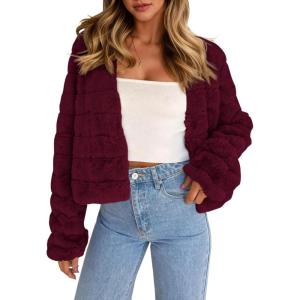 Fisoew Womens Cropped Faux Fur Jackets Long Sleeve Open Front Fluffy Short Coats(Burgendy)