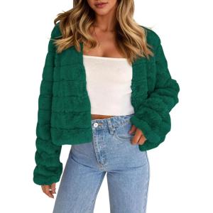 Fisoew Womens Cropped Faux Fur Jackets Long Sleeve Open Front Fluffy Short Coats(Green)