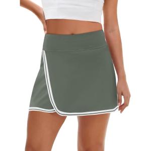 Fisoew Womens Golf Tennis Running Skorts Striped Elastic Waist Skirts Quick Dry Workout Athletic Shorts with Pockets(Green)