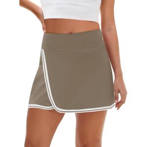 Fisoew Womens Golf Tennis Running Skorts Striped Elastic Waist Skirts Quick Dry Workout Athletic Shorts with Pockets(Khaki)