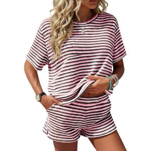 Fisoew Womens Striped 2 Piece Outfits Casual Short Sleeve Shirts Tops Knit Shorts Sets Workout Tracksuits Matching Sets(Black Pink)