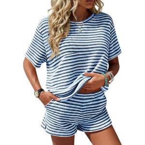 Fisoew Womens Striped 2 Piece Outfits Casual Short Sleeve Shirts Tops Knit Shorts Sets Workout Tracksuits Matching Sets(Navy)