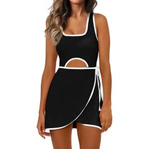 Fisoew Womens Workout Tennis Dress with Built in Shorts and Bra Sleeveless Cutout Wrap Tie Waist Golf Athletic Romper