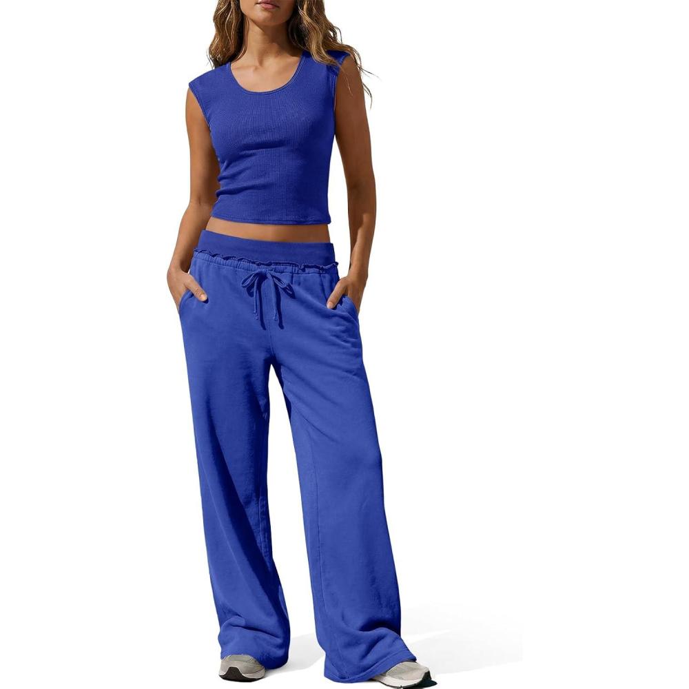 image:imageFisoew Womens 2 Piece Lounge Sets Summer Sleeveless Crop Tank Tops Wide Leg Pants Tracksuit Casual Matching OutfitsBlue