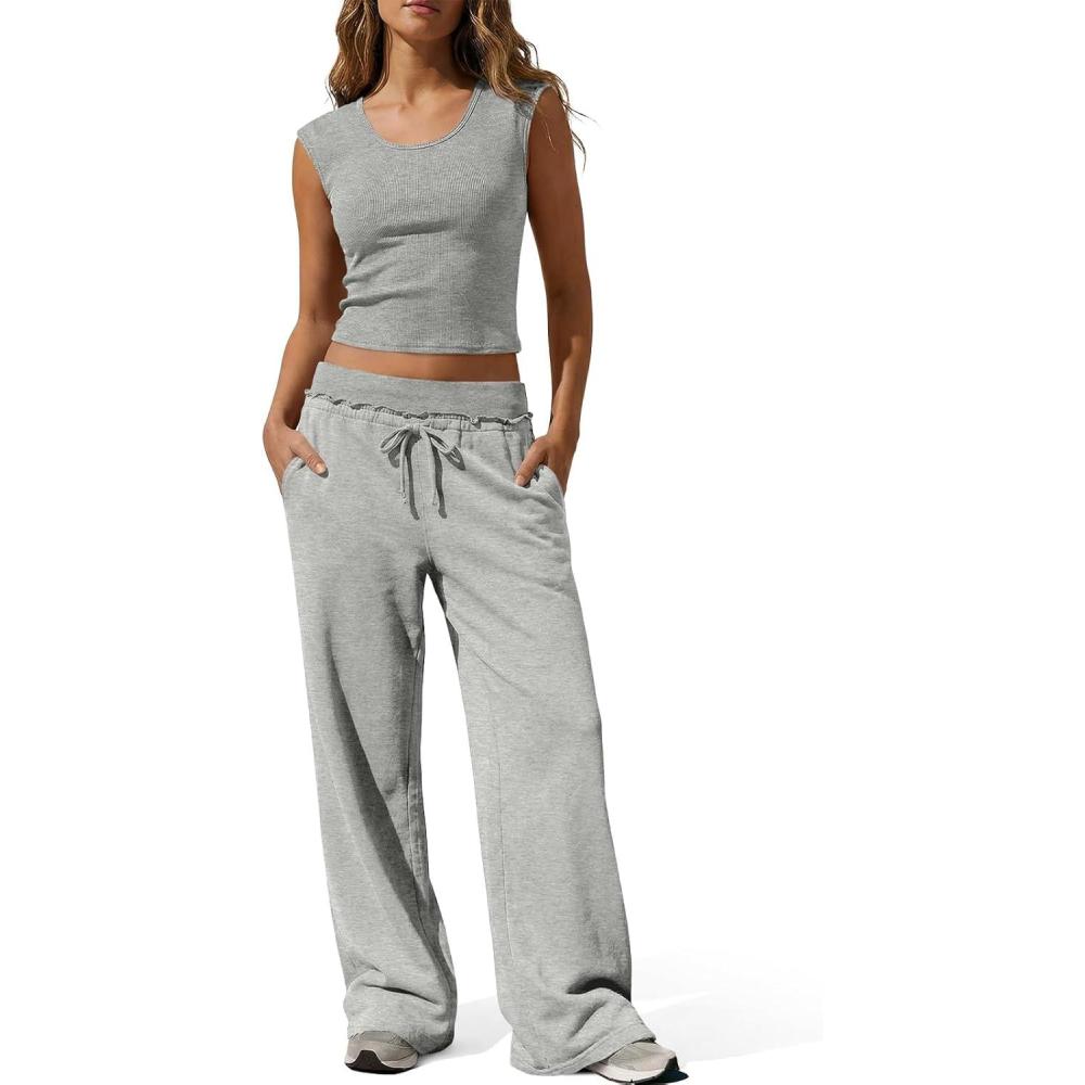 image:imageFisoew Womens 2 Piece Lounge Sets Summer Sleeveless Crop Tank Tops Wide Leg Pants Tracksuit Casual Matching OutfitsGrey