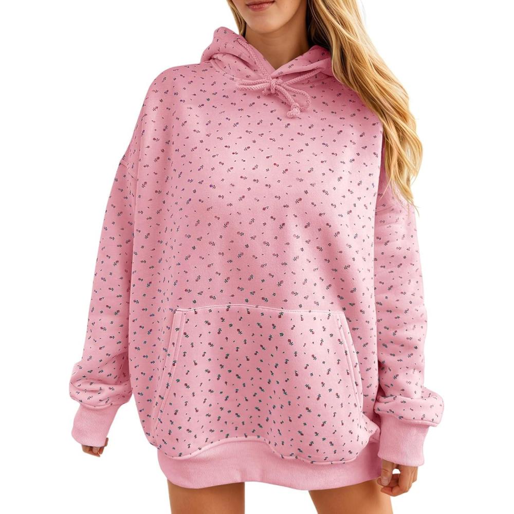image:imageFisoew Womens Hoodies Oversized Floral Sweatshirts Casual Long Sleeve Pullover Loose Fit Drawstring Hooded TopsPink