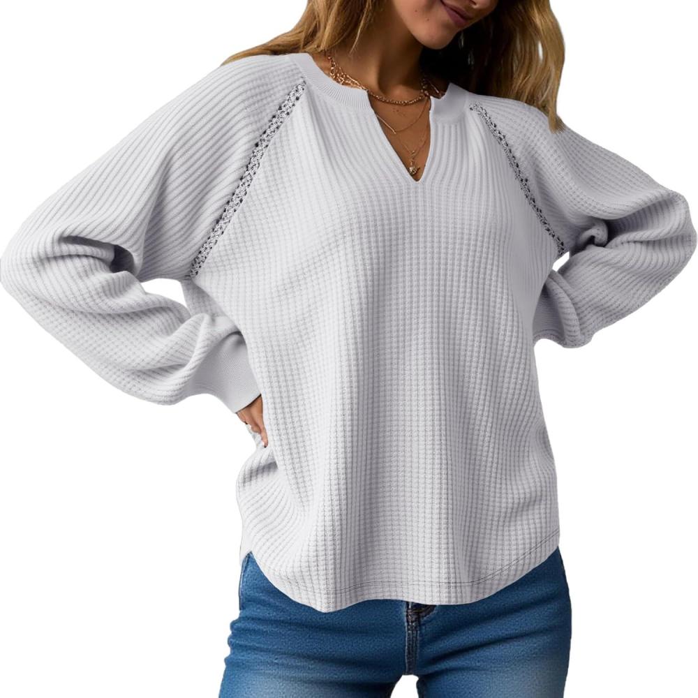 image:imageFisoew Womens Oversized Long Sleeve Shirt Casual Waffle Knit Tunic Tops Lace Patchwork Pullover SweatshirtGrey