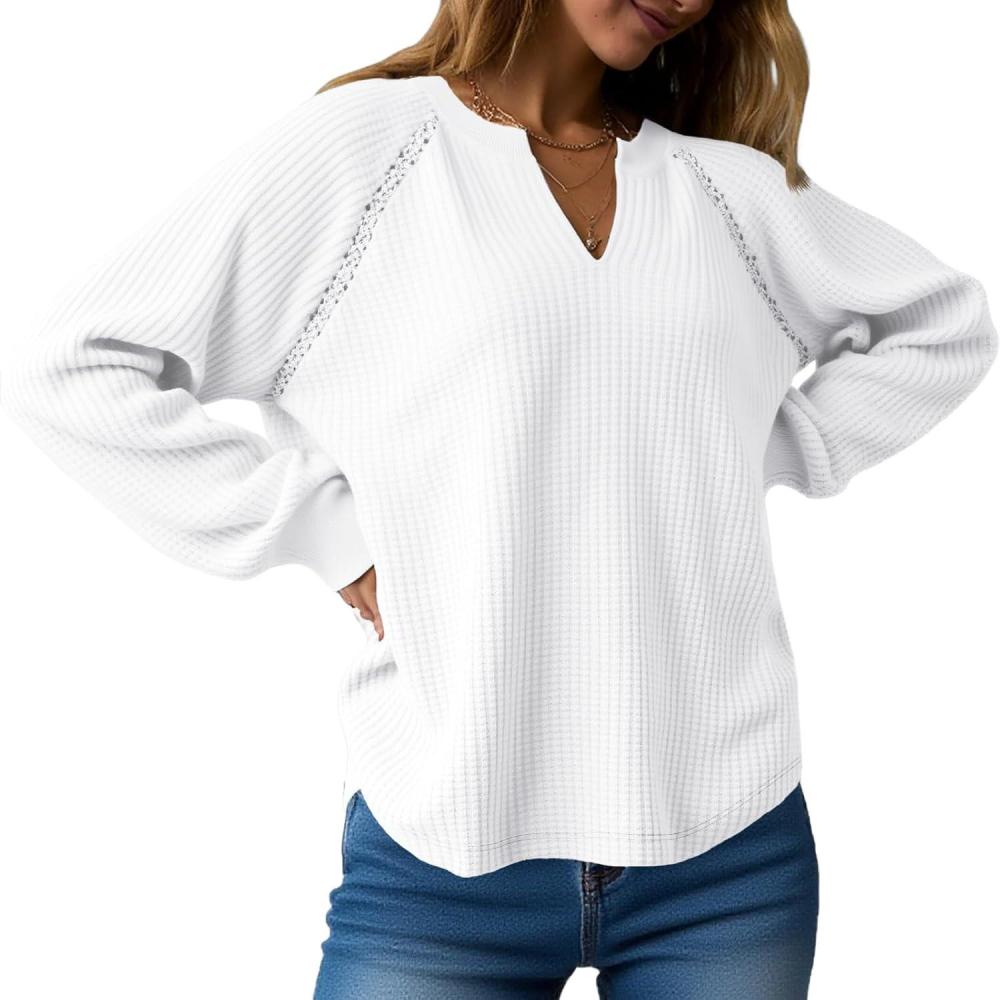 image:imageFisoew Womens Oversized Long Sleeve Shirt Casual Waffle Knit Tunic Tops Lace Patchwork Pullover SweatshirtWhite