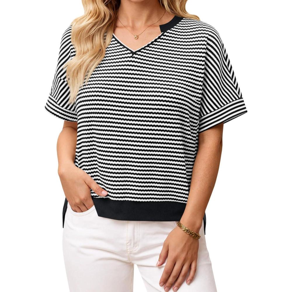 image:imageFisoew Womens Short Sleeve Sweater Summer V Neck Striped Pullover Tops Casual High Low Loose Slit Cropped T Shirts Black