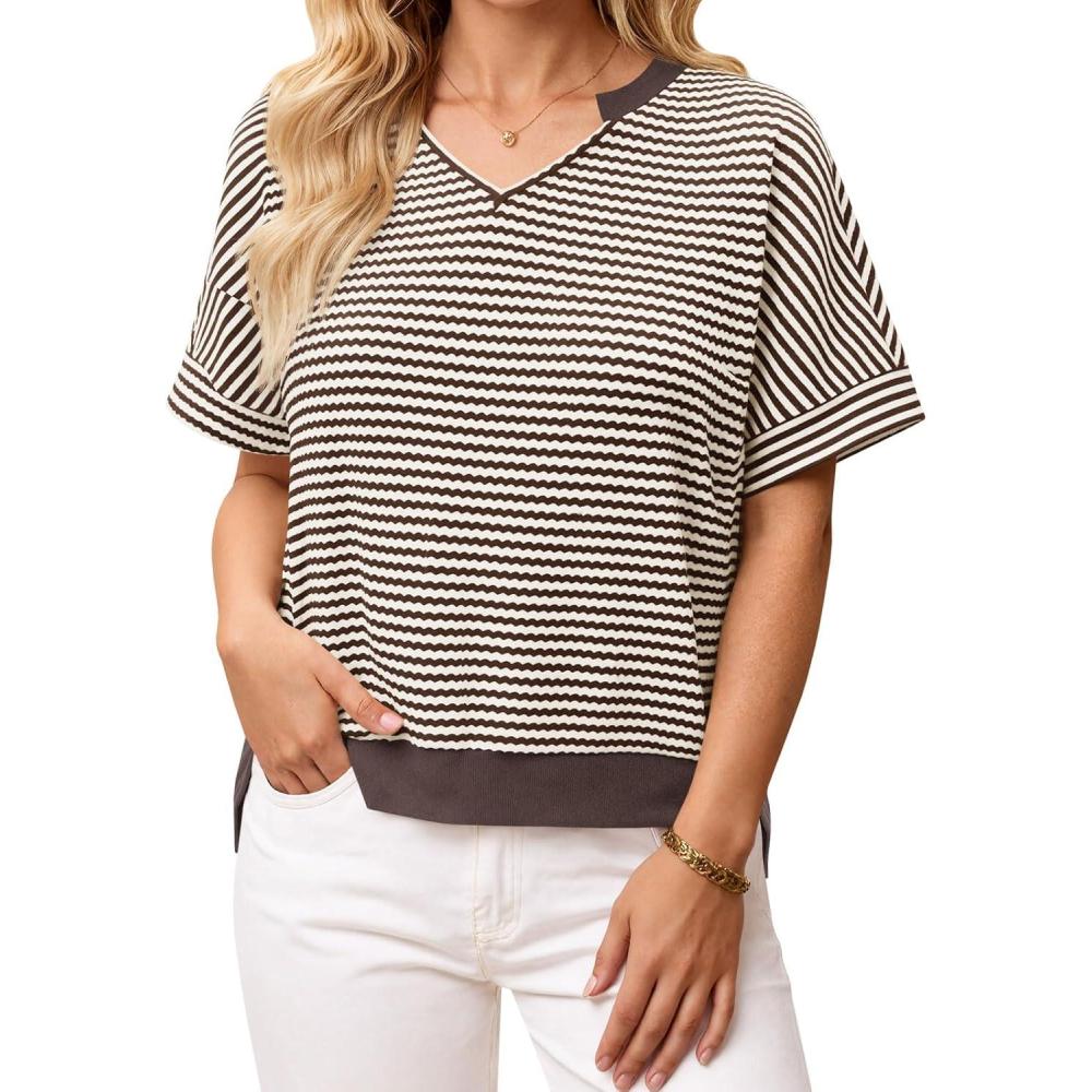 image:imageFisoew Womens Short Sleeve Sweater Summer V Neck Striped Pullover Tops Casual High Low Loose Slit Cropped T Shirts Brown