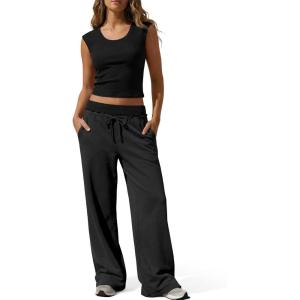 Fisoew Womens 2 Piece Lounge Sets Summer Sleeveless Crop Tank Tops Wide Leg Pants Tracksuit Casual Matching Outfits(Black)