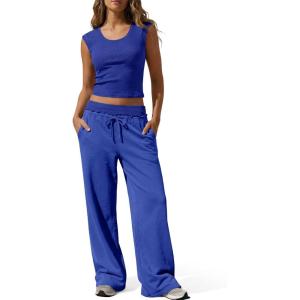 Fisoew Womens 2 Piece Lounge Sets Summer Sleeveless Crop Tank Tops Wide Leg Pants Tracksuit Casual Matching Outfits(Blue)