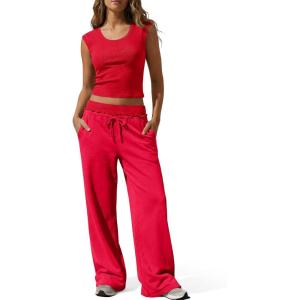 Fisoew Womens 2 Piece Lounge Sets Summer Sleeveless Crop Tank Tops Wide Leg Pants Tracksuit Casual Matching Outfits(Red)