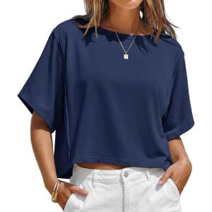 Fisoew Womens Oversized Crop Tops Summer Short Sleeve Crewneck T Shirts Casual Loose Basic Tee Workout Shirts
