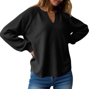 Fisoew Womens Oversized Long Sleeve Shirt Casual Waffle Knit Tunic Tops Lace Patchwork Pullover Sweatshirt(Black)