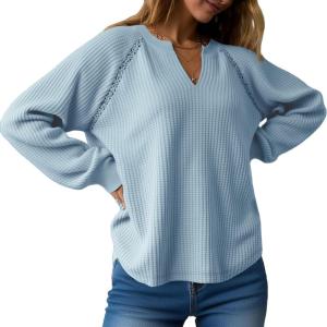 Fisoew Womens Oversized Long Sleeve Shirt Casual Waffle Knit Tunic Tops Lace Patchwork Pullover Sweatshirt(Blue)