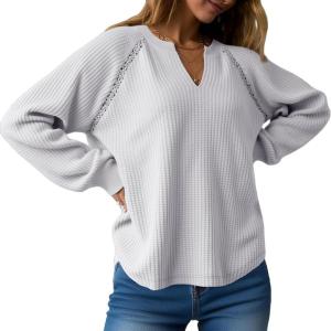 Fisoew Womens Oversized Long Sleeve Shirt Casual Waffle Knit Tunic Tops Lace Patchwork Pullover Sweatshirt(Grey)
