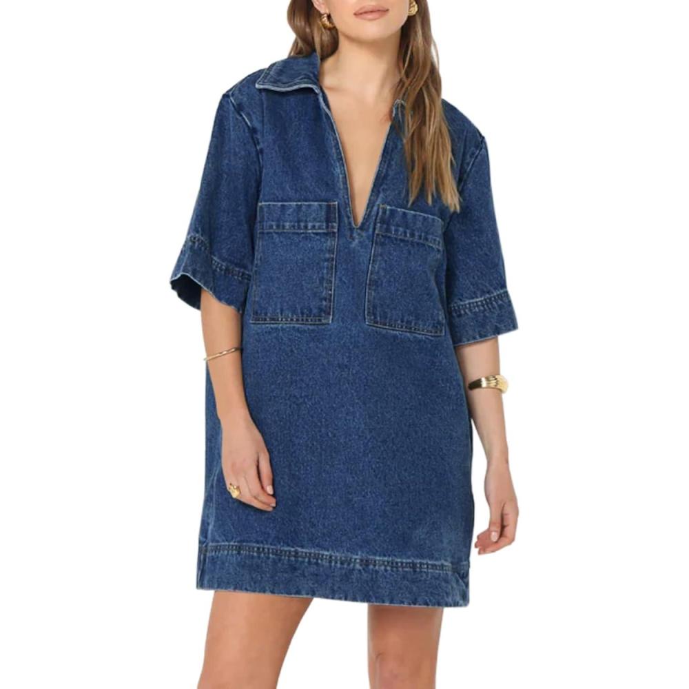 image:imageFisoew Denim Dress for Women Summer Collared V Neck Casual Loose Fit Short Sleeve Shift Jean Mini Shirt Dresses OutfitsBlue