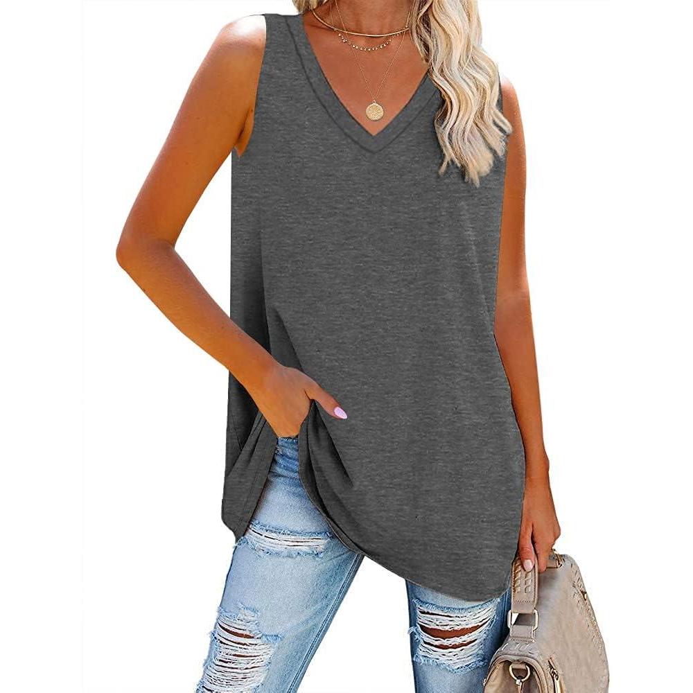 image:imageFisoew Women Summer V Neck Long Tank Tops Oversized Sleeveless Basic Solid Color Shirts Loose Casual Tunic TopsDark Grey