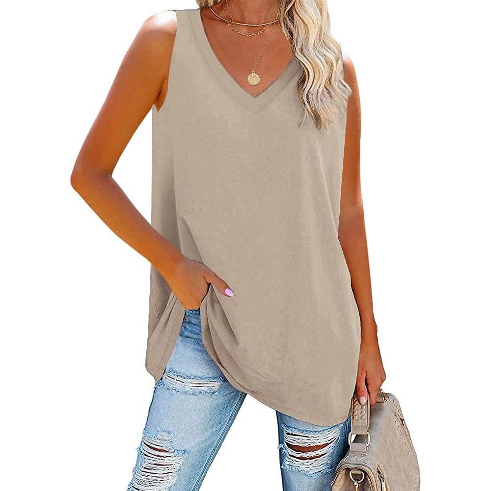 image:imageFisoew Women Summer V Neck Long Tank Tops Oversized Sleeveless Basic Solid Color Shirts Loose Casual Tunic TopsKhaki