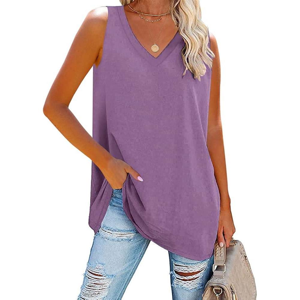 image:imageFisoew Women Summer V Neck Long Tank Tops Oversized Sleeveless Basic Solid Color Shirts Loose Casual Tunic TopsPurple