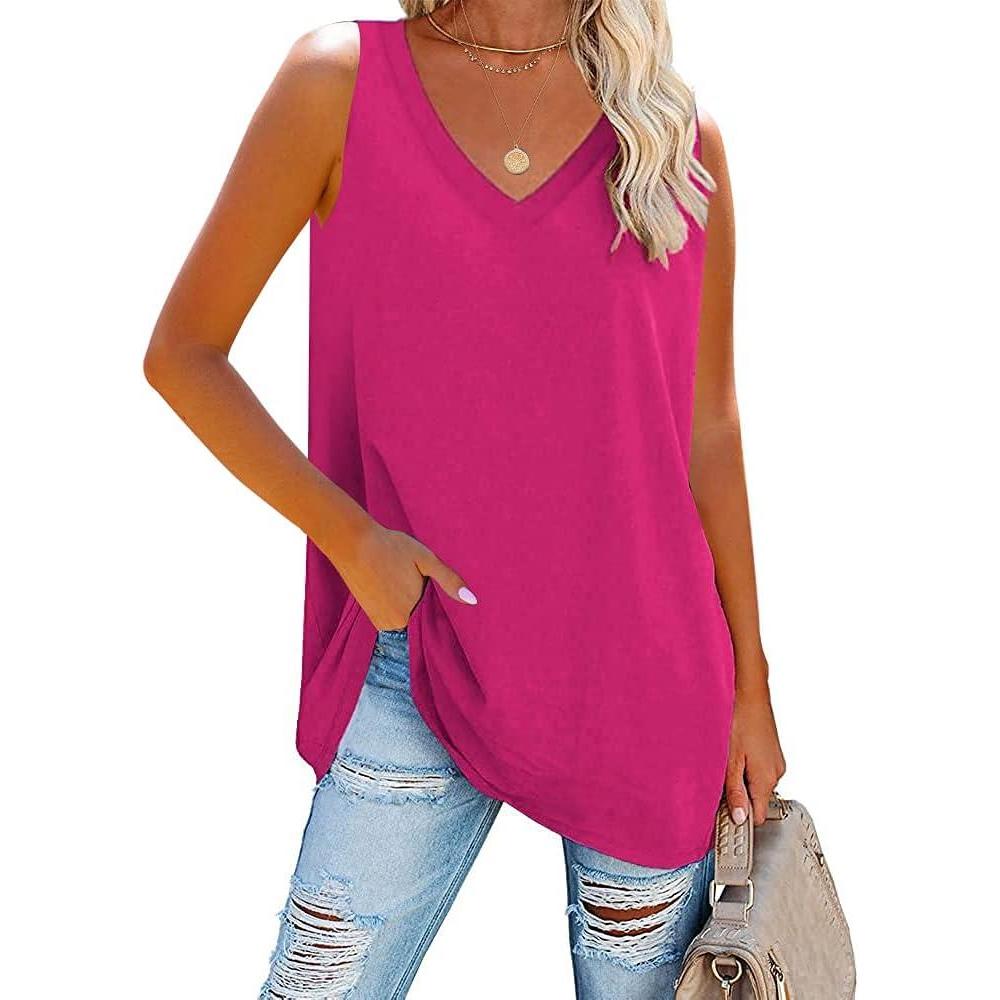 image:imageFisoew Women Summer V Neck Long Tank Tops Oversized Sleeveless Basic Solid Color Shirts Loose Casual Tunic TopsRose Red