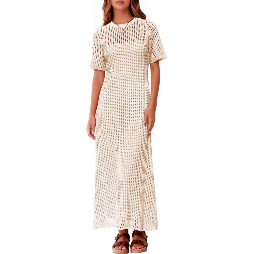 image:imageFisoew Womens Crochet Swimsuit Cover Up Summer Vacation Resort Bathing Suit Swimwear Casual Short Sleeve Maxi Beach DressesBeige