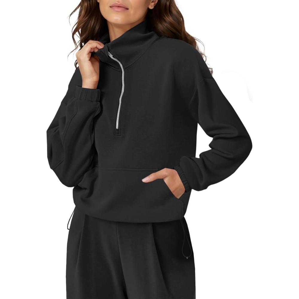 image:imageFisoew Womens Half Zip Sweatshirt Funnel Neck Long Sleeve Pullover Oversized Modal Soft Tops Fall Outfits Clothes 2025Black