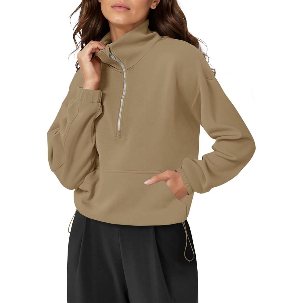 image:imageFisoew Womens Half Zip Sweatshirt Funnel Neck Long Sleeve Pullover Oversized Modal Soft Tops Fall Outfits Clothes 2025Camel