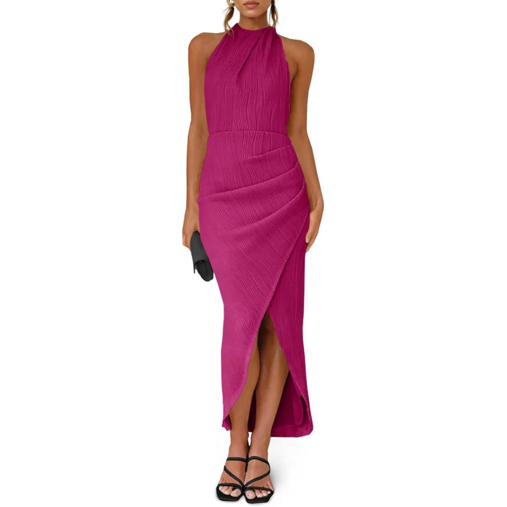 image:imageFisoew Womens Halter Neck Party Dress Sleeveless Slit Textured Backless Sim Fit Ruched Sexy Midi Cocktail DressesRose Red
