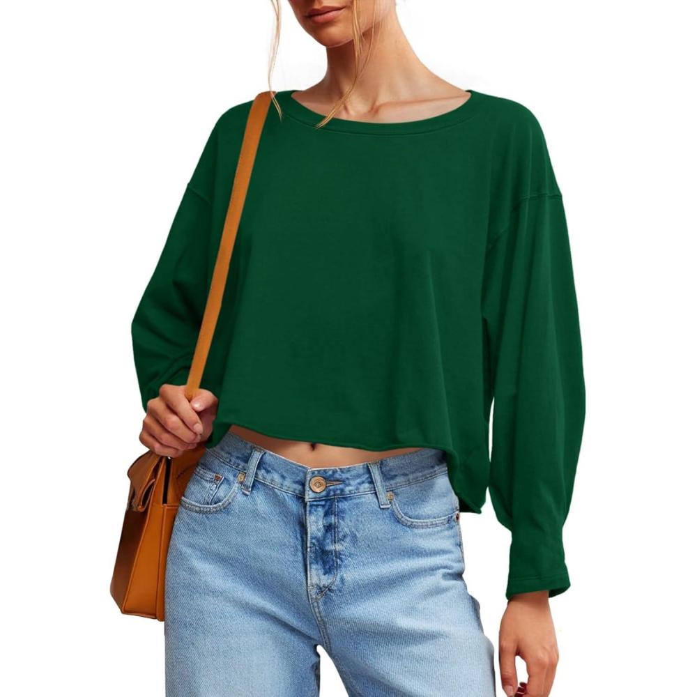 image:imageFisoew Womens Long Sleeve Crop Tops Loose Fit Crew Neck Cropped T Shirts 2025 Casual Workout Tee Shirt TopsDark Green