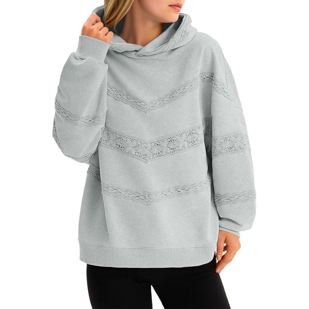 image:imageFisoew Womens Oversized Hoodies Fall Long Sleeve Sweatshirts Casual Loose Lace Y2K Cute Pullover Tops Grey