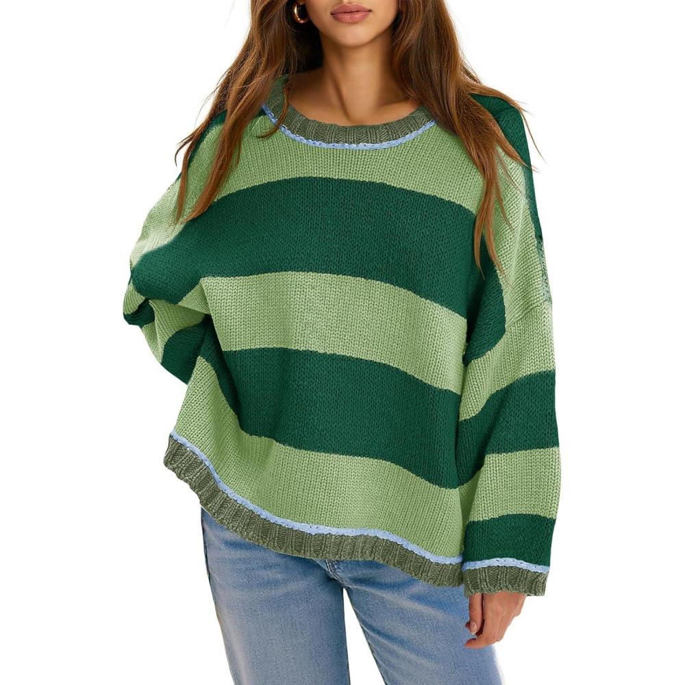 image:imageFisoew Womens Oversized Sweaters Casual Long Sleeve Striped Color Block Crewneck Knitted Loose Fall Pullover TopsGreen
