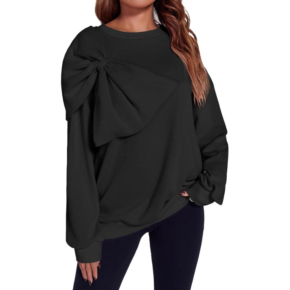 image:imageFisoew Womens Oversized Sweatshirt Bow Tie Long Sleeve Crewneck Casual Fall Pullover TopsBlack
