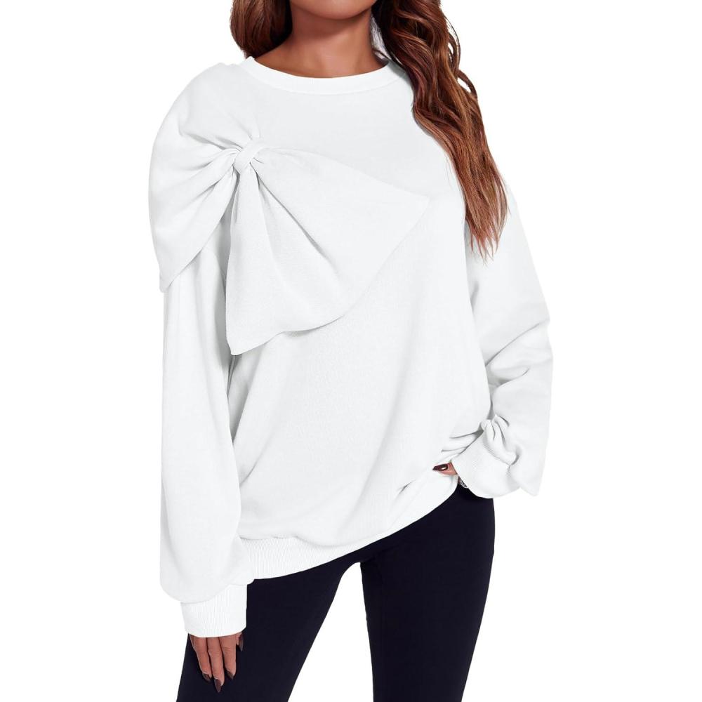 image:imageFisoew Womens Oversized Sweatshirt Bow Tie Long Sleeve Crewneck Casual Fall Pullover TopsWhite
