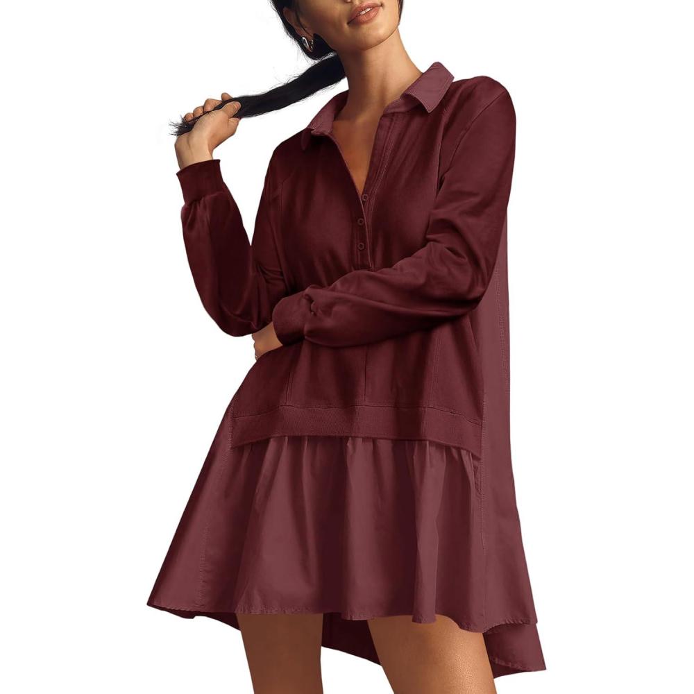 image:imageFisoew Womens Oversized Sweatshirt Dress Long Sleeve V Neck Patchwork Casual Pullover Tops Loose Fit Mini DressesBurgundy