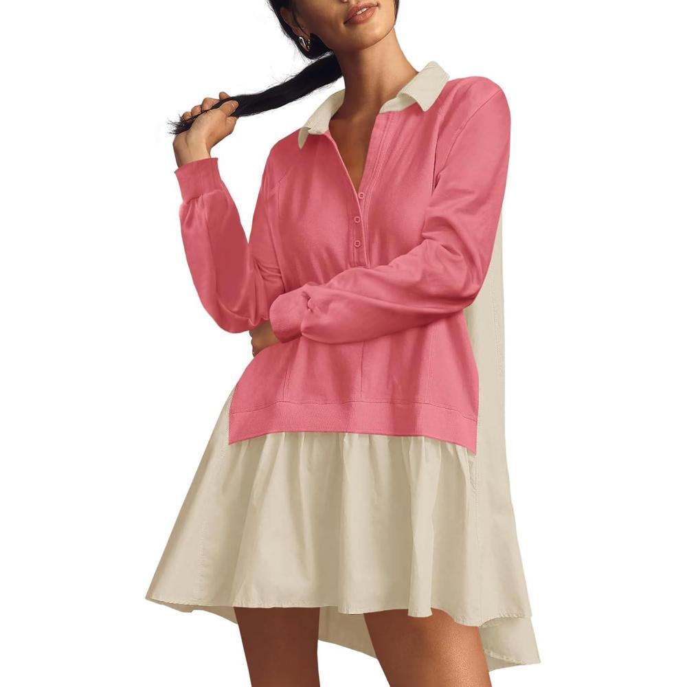 image:imageFisoew Womens Oversized Sweatshirt Dress Long Sleeve V Neck Patchwork Casual Pullover Tops Loose Fit Mini DressesWatermelon Red