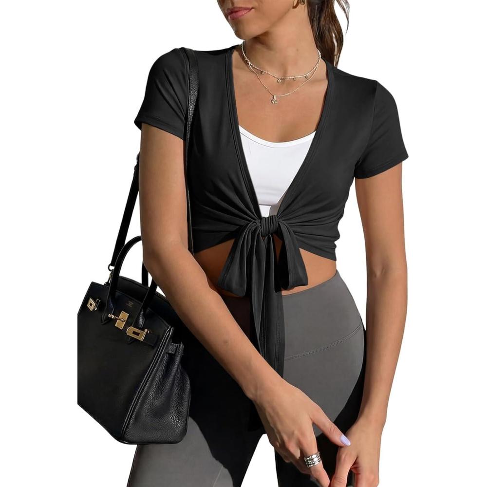 image:imageFisoew Womens Wrap Tie Tops Short Sleeve Ballet Pilates Yoga Crop Shirts Y2k Workout Deep V Neck Casual Wrap TopsBlack