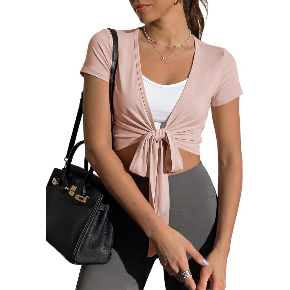 image:imageFisoew Womens Wrap Tie Tops Short Sleeve Ballet Pilates Yoga Crop Shirts Y2k Workout Deep V Neck Casual Wrap TopsDark Khaki