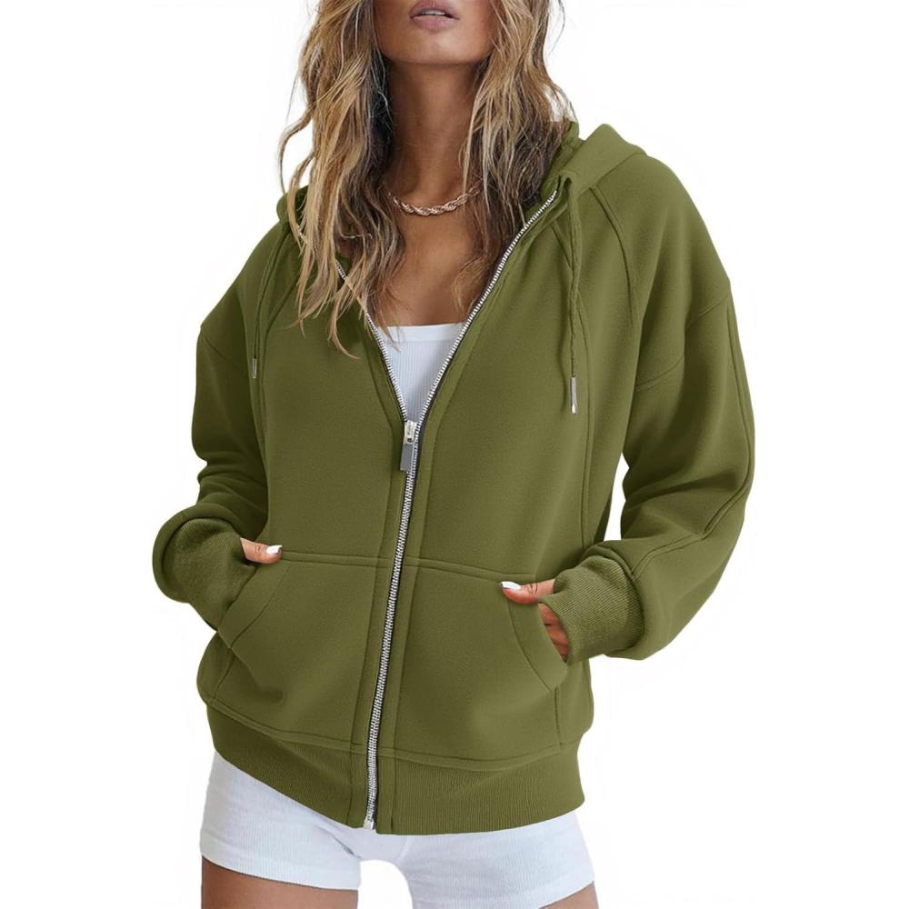 image:imageFisoew Womens Zip Up Sweatshirts Fleece Lined Collar Crop Hoodie Casual Cotton Long Sleeve Tops with Thumb Hole1  Army Green