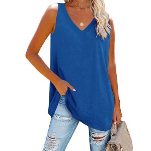 Fisoew Women Summer V Neck Long Tank Tops Oversized Sleeveless Basic Solid Color Shirts Loose Casual Tunic Tops(Blue)
