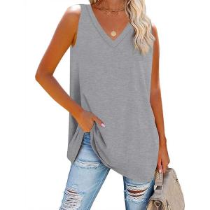 Fisoew Women Summer V Neck Long Tank Tops Oversized Sleeveless Basic Solid Color Shirts Loose Casual Tunic Tops(Grey)